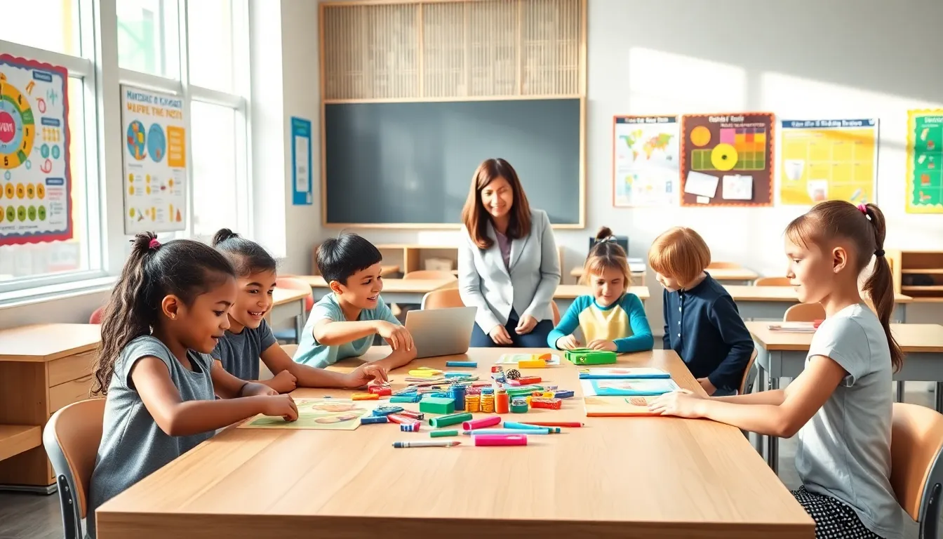 diverse elementary school students engaged in learning activities in a bright classroom.