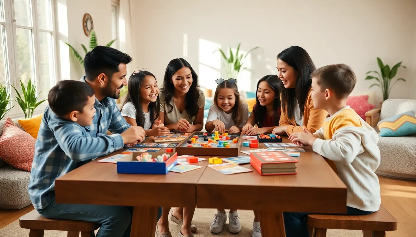 diverse family playing games together in a bright living room.
