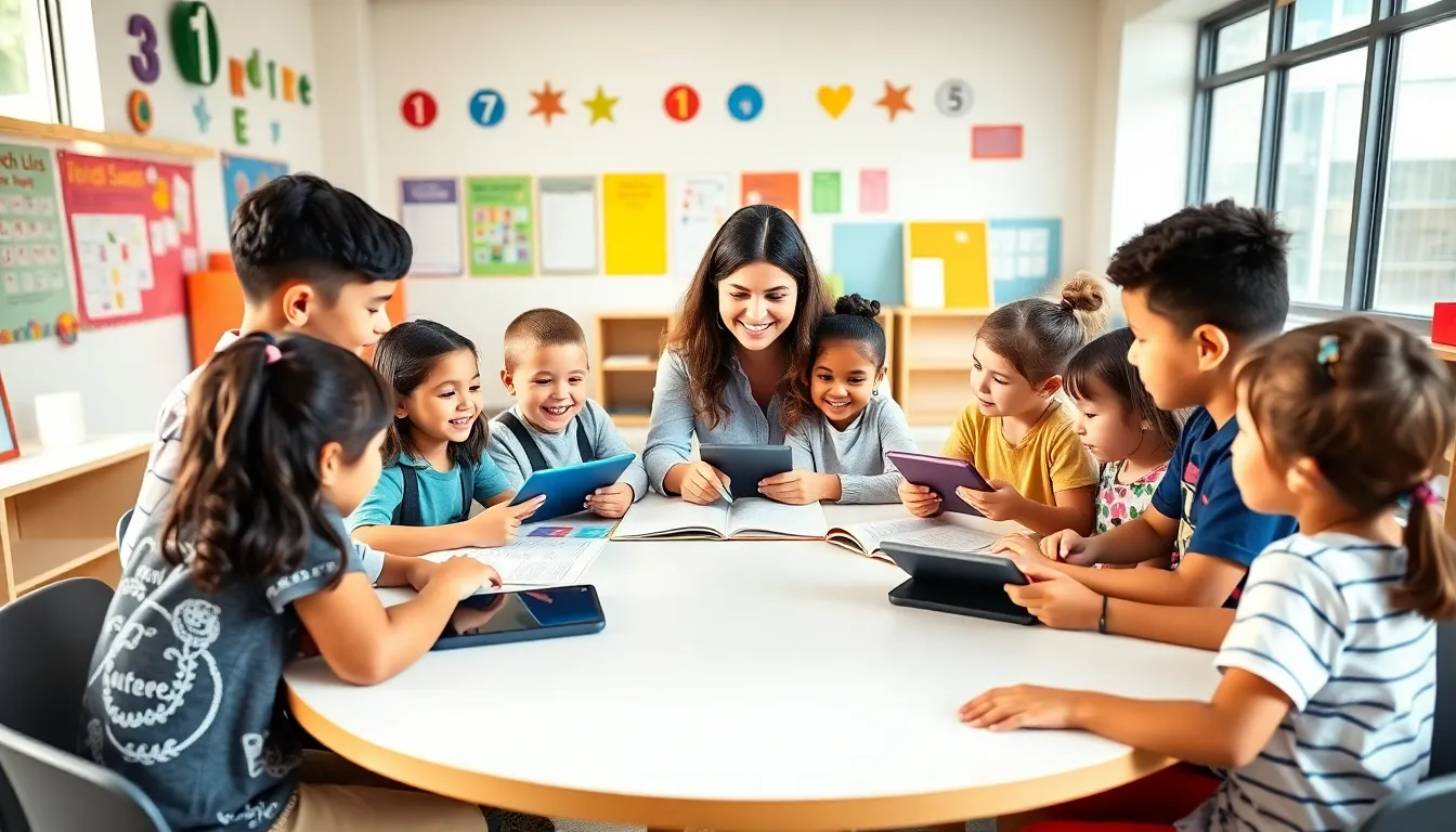 diverse children collaborating in a modern elementary classroom.