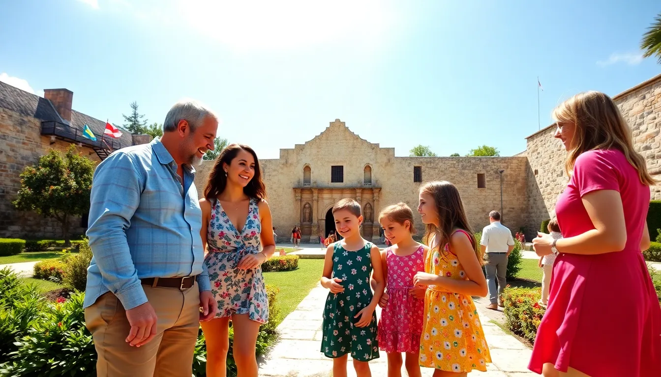Family exploring the historic Alamo site in San Antonio.
