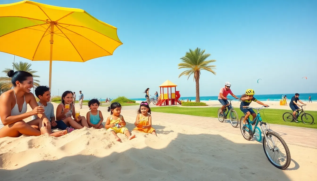 diverse family enjoying outdoor activities in a Dubai park and beach.
