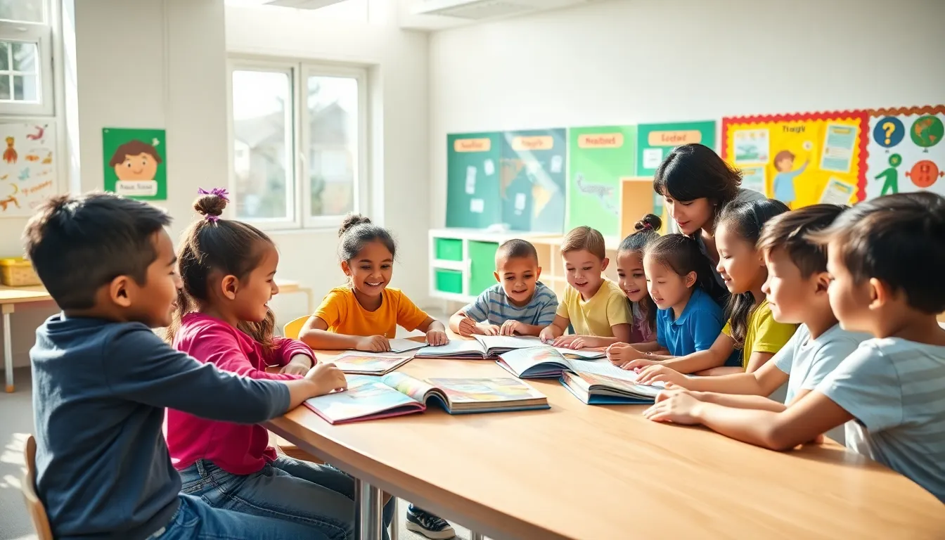 diverse children collaborating in a bright elementary school classroom.